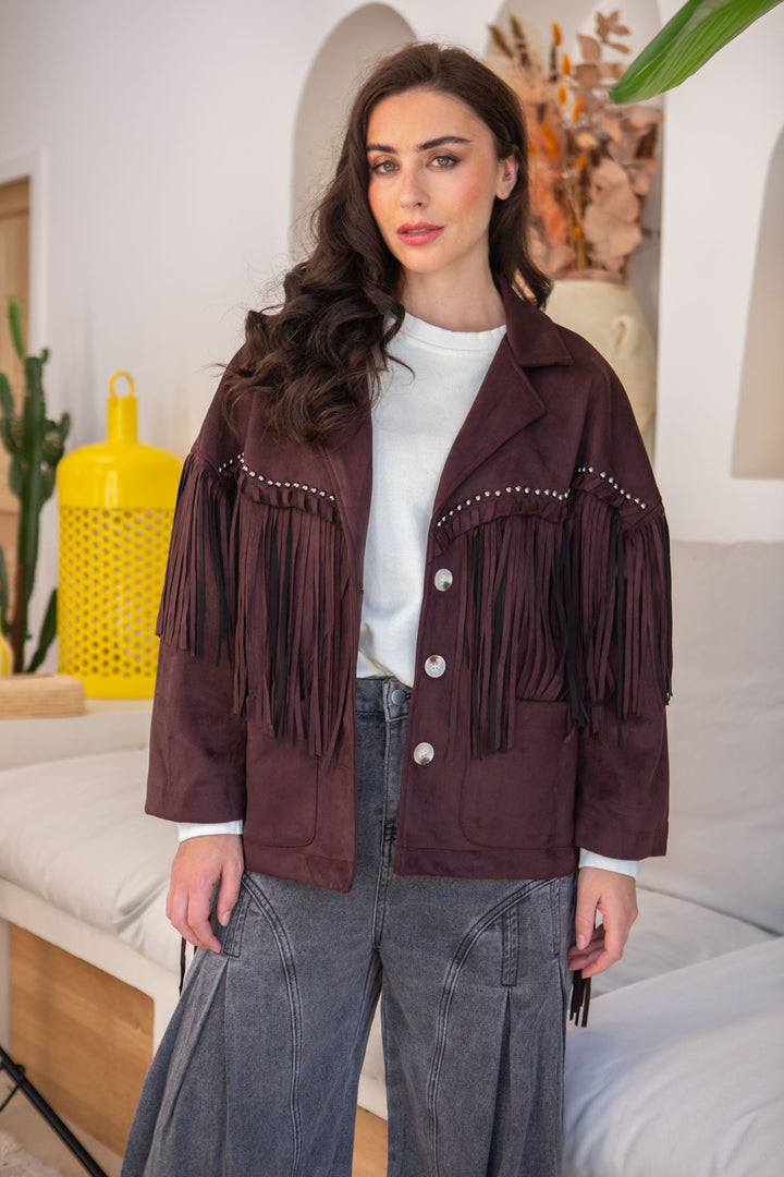 Veste suédine à franges Eva Taille unique / Bordeaux/Marron