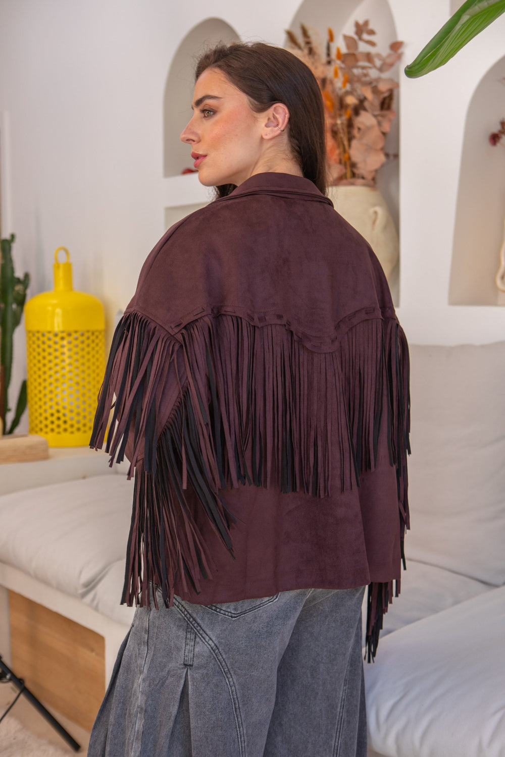Veste suédine à franges Eva Taille unique / Bordeaux/Marron