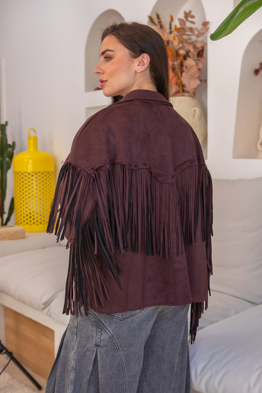 Veste suédine à franges Eva Taille unique / Bordeaux/Marron