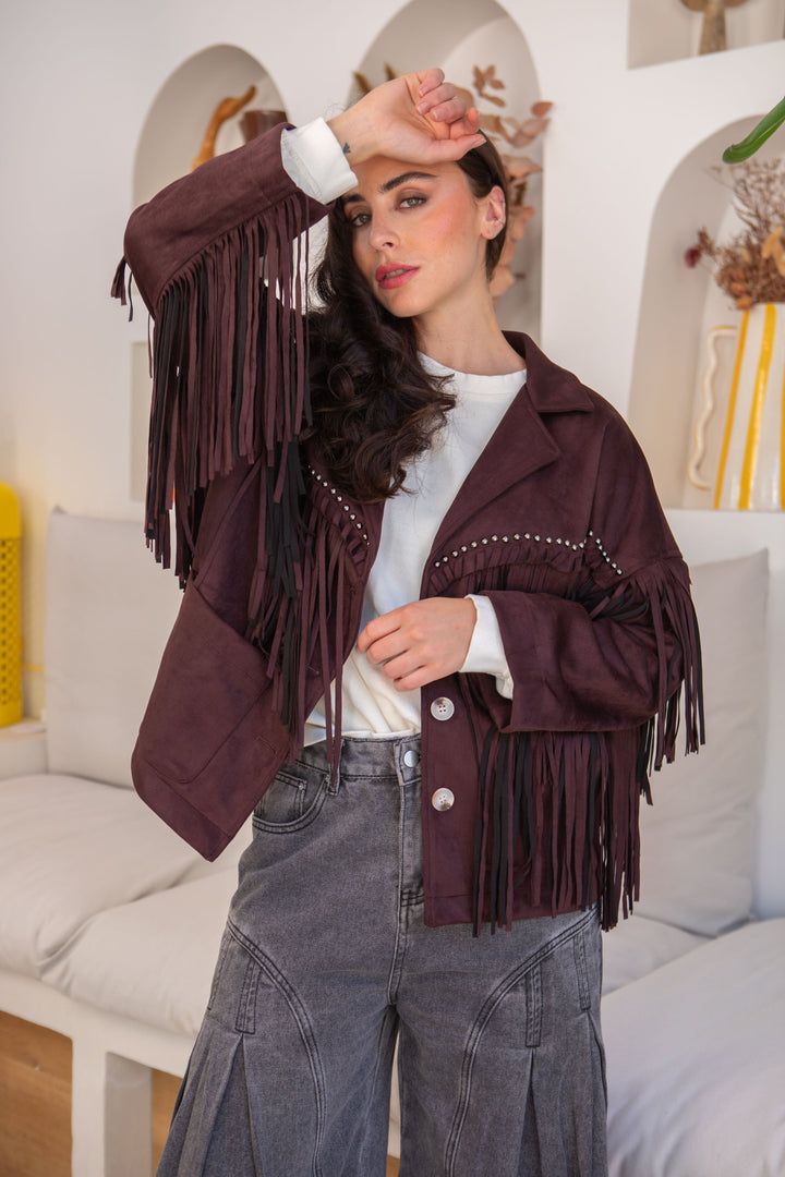Veste suédine à franges Eva Taille unique / Bordeaux/Marron