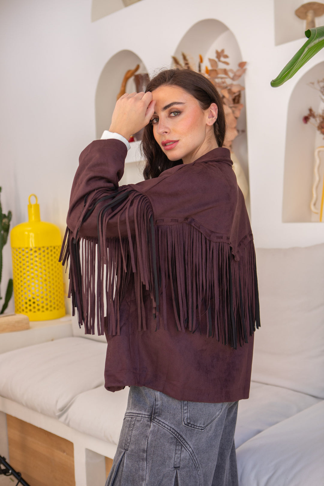 Veste suédine à franges Eva Taille unique / Bordeaux/Marron