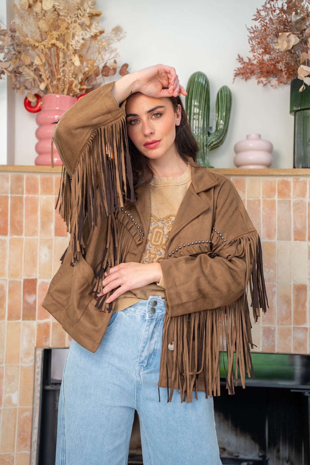 Veste suédine à franges Eva Taille unique / Camel Manteaux