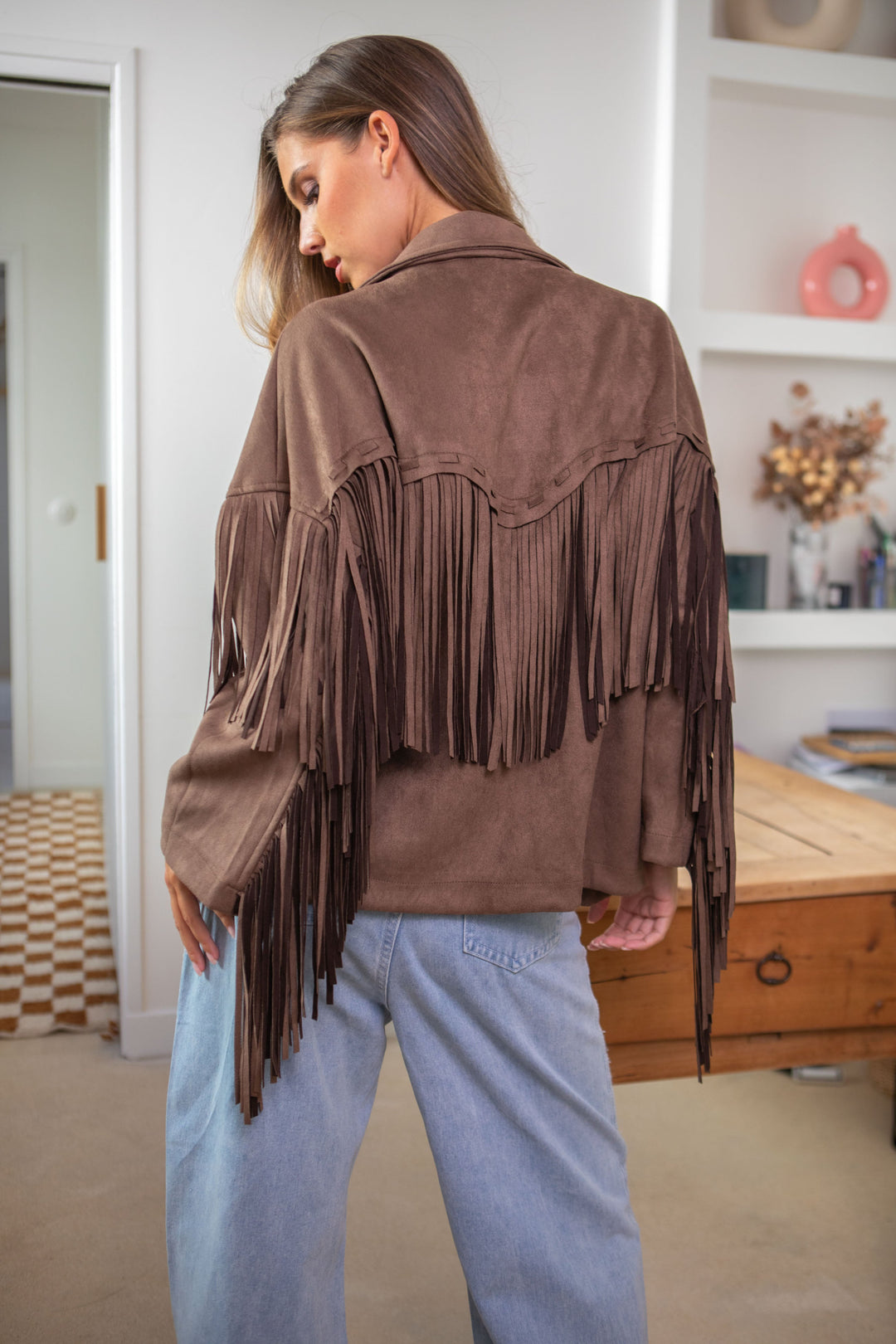 Veste suédine à franges Eva Taille unique / Taupe Manteaux